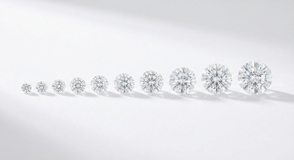 Diamonds of various carat sizes arranged for comparison