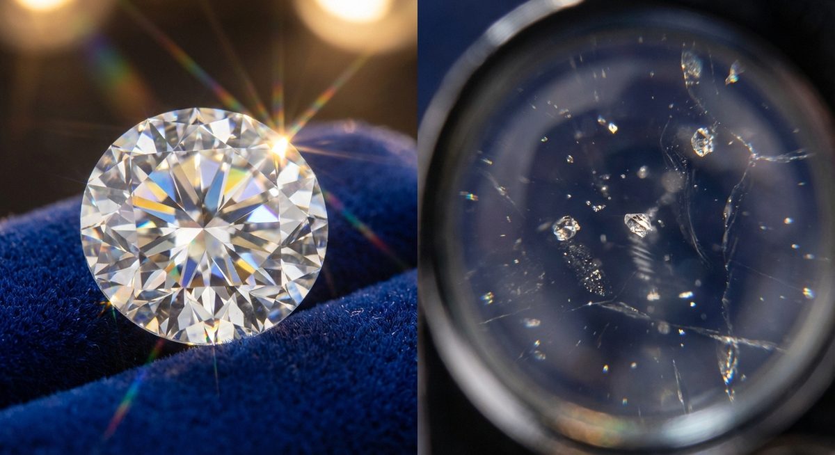 Close-up of a diamond showing clarity characteristics under magnification