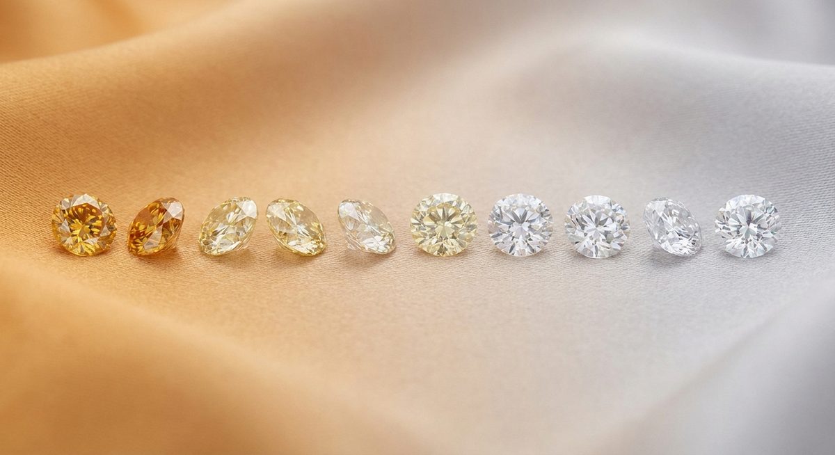 Diamonds arranged showing the D to Z colour spectrum