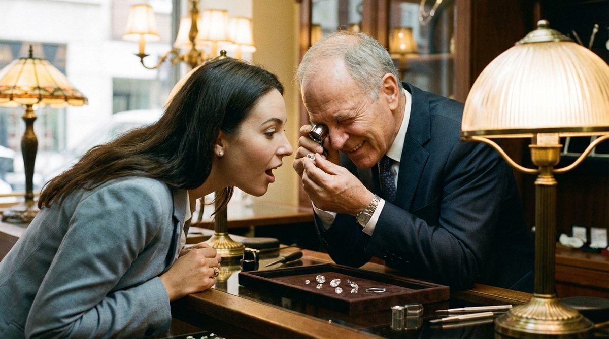 A sparkling loose diamond resting on a velvet tray beside a jeweller's loupe and grading report