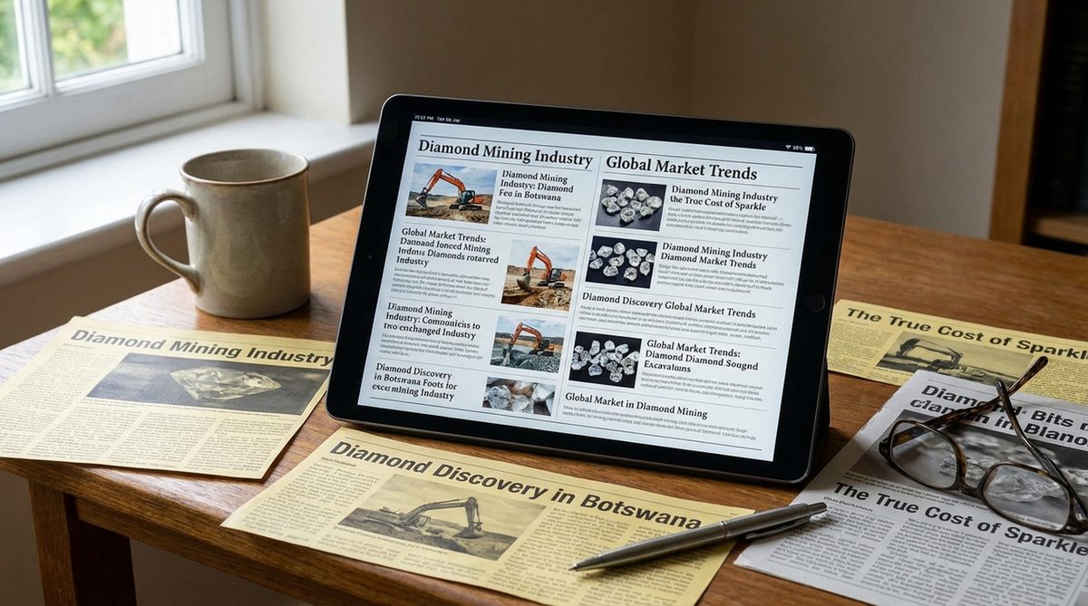 Digital news feed displaying Canadian diamond industry headlines and mining updates