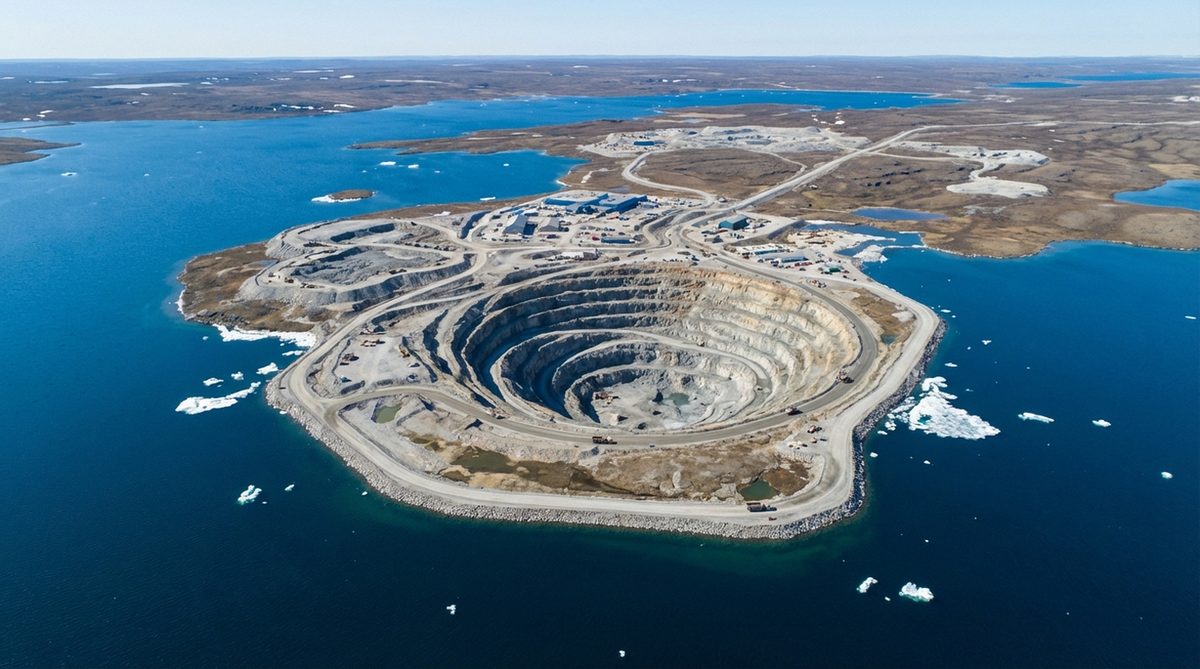 Aerial view of the Diavik diamond mine on an island in Lac de Gras, Northwest Territories