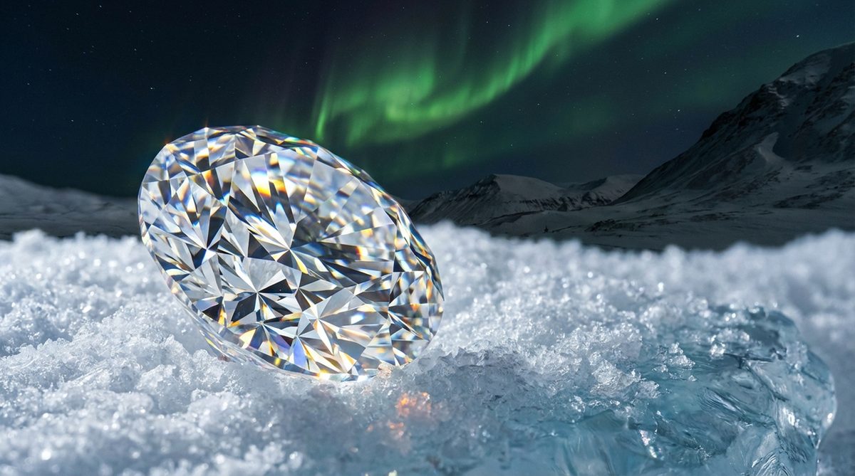 Brilliant Canadian diamond on a backdrop of northern ice and aurora borealis