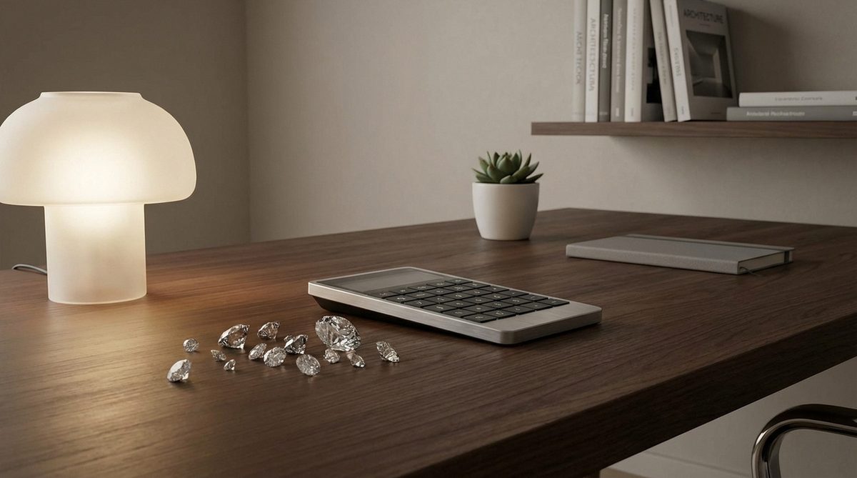 Brilliant cut diamond with light refractions on a dark velvet surface beside a jeweller's loupe