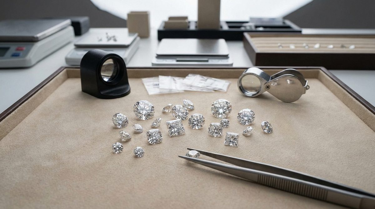 Rough and polished diamonds arranged on a sorting table in a Canadian diamond facility
